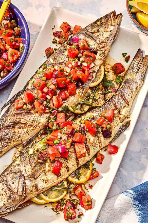 Grilled Branzino with Tomato-Olive Salsa