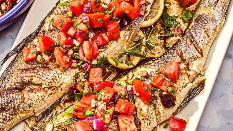 Grilled Branzino with Tomato-Olive Salsa